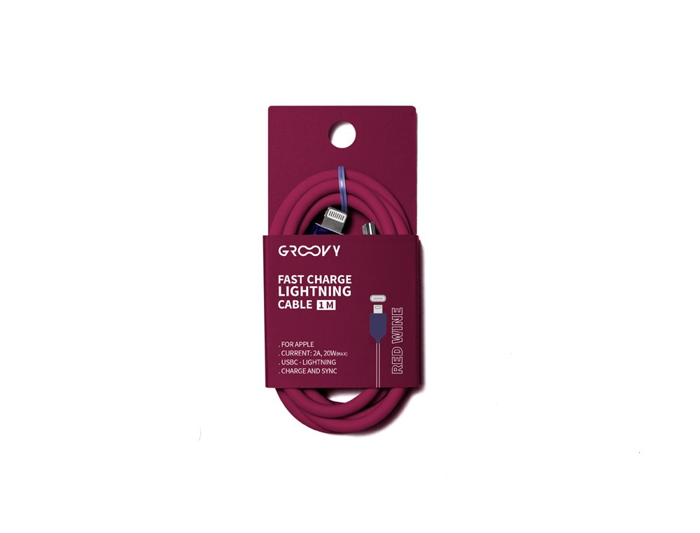 CABLE GROOVY TIPO C A APPLE LIGHTNING CARGA RAPIDA LONGITUD 1 MT COLOR ROJO